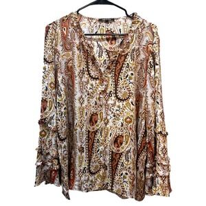 Kobi Halperin Women's XL Silk Semi Sheer Autumn Paisley Print Long Sleeve Blouse